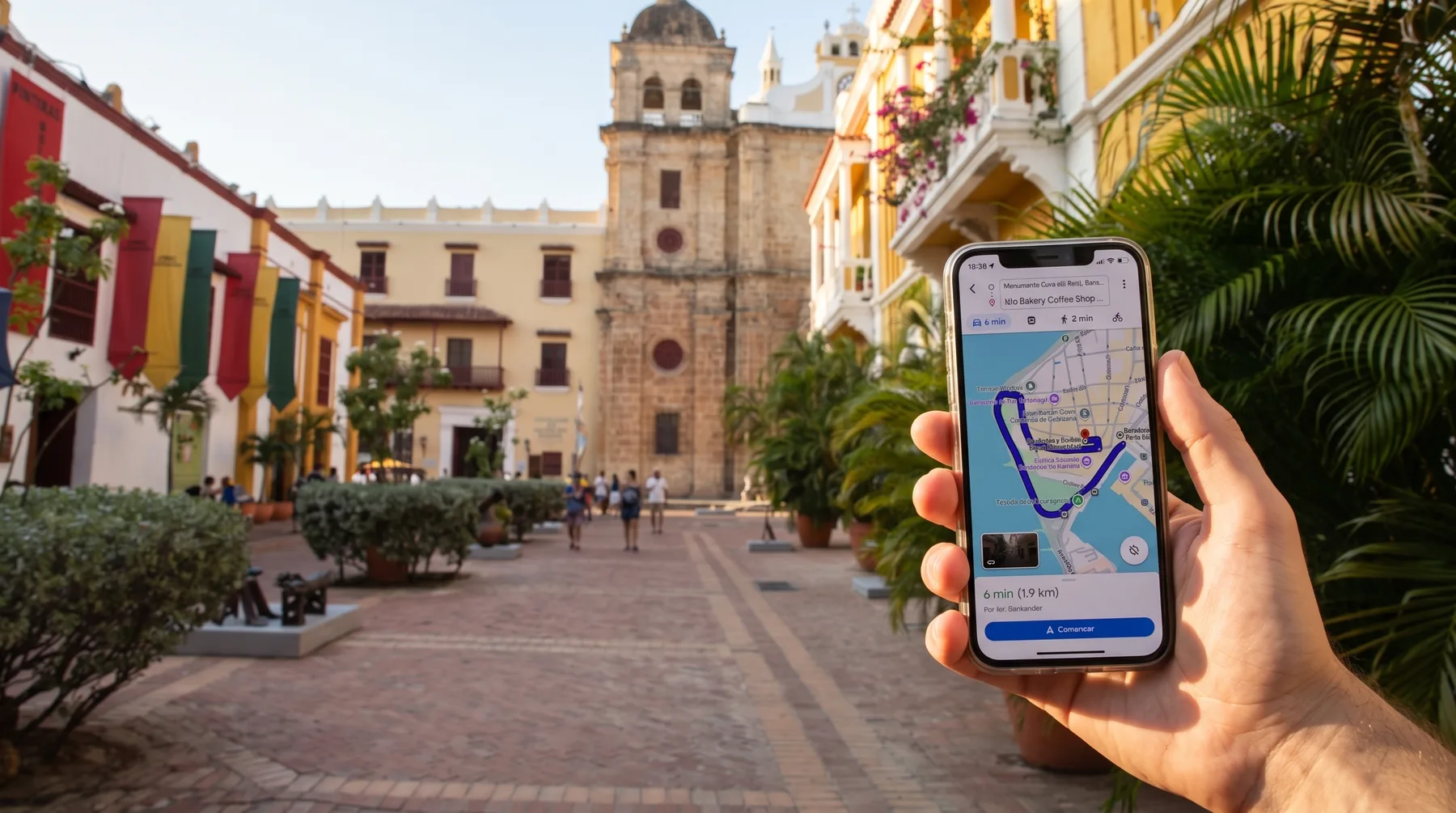 Turista en el Centro de Cartagena siguiendo en Google Maps la ruta a un restaurante