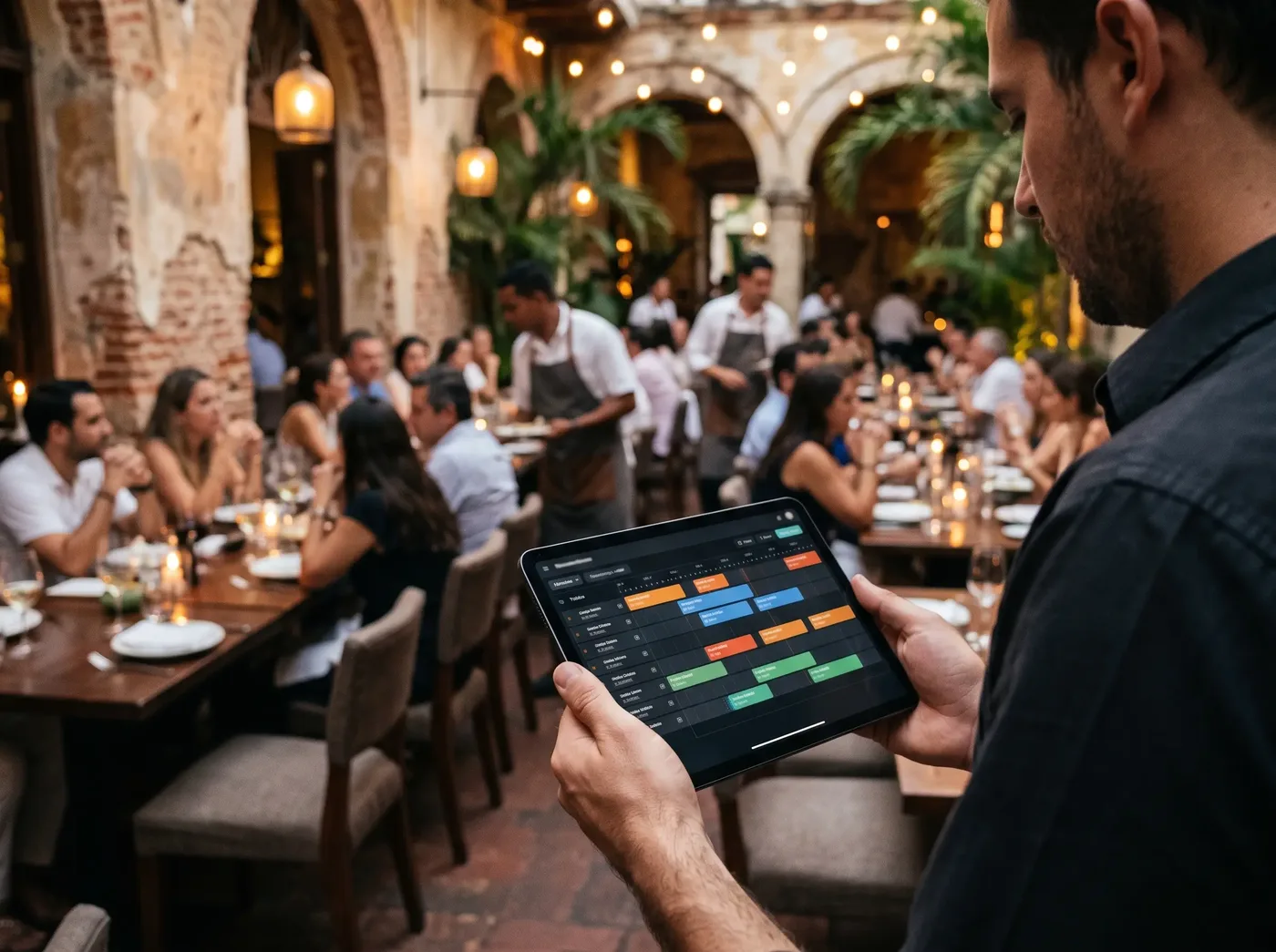 Encargado de sala revisando en una tableta el tablero de reservas durante el servicio en un patio colonial de Cartagena